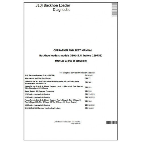 John Deere 310J Backhoe Loader Diagnostic, Operation and Tests Service Manual Pdf - TM10130