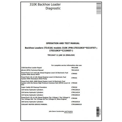 John Deere 310K Backhoe Loader Diagnostic, Operation and Tests Service Manual Pdf - TM12447