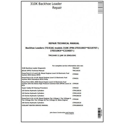 John Deere 310K Backhoe Loader Pdf Repair Service Technical Manual TM12448