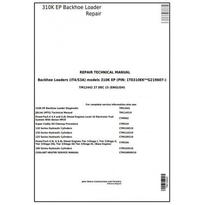 John Deere 310K EP (IT4/S3A) Backhoe Loader Service Repair Technical Manual TM12442 2