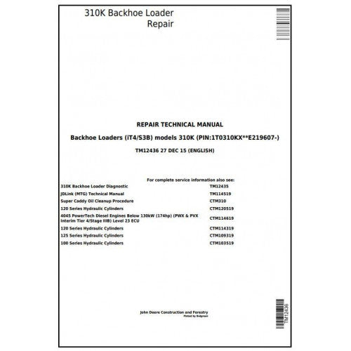 John Deere 310K (IT4/S3B) Backhoe Loader Pdf Repair Service Technical Manual TM12436