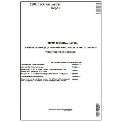 John Deere 310K (T2/S2) Backhoe Loader Pdf Repair Service Technical Manual TM13057X19