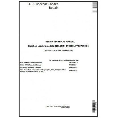 John Deere 310L Backhoe Loader Pdf Repair Service Technical Manual TM13294X19