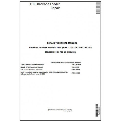 John Deere 310L Backhoe Loader Service Repair Technical Manual TM13294X19 2