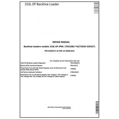 John Deere 310L EP Backhoe Loader Pdf Repair Service Technical Manual TM13290X19