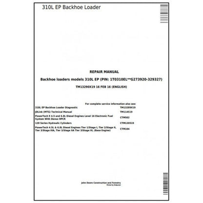 John Deere 310L EP Backhoe Loader Pdf Repair Service Technical Manual TM13290X19