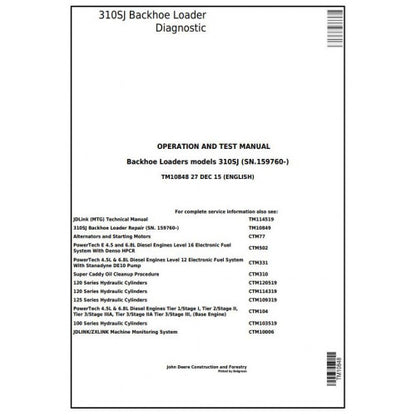 John Deere 310SJ Backhoe Loader Diagnostic, Operation and Tests Service Manual Pdf - TM10848