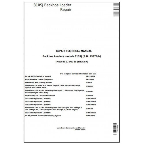 John Deere 310SJ Backhoe Loader Pdf Repair Service Technical Manual TM10849