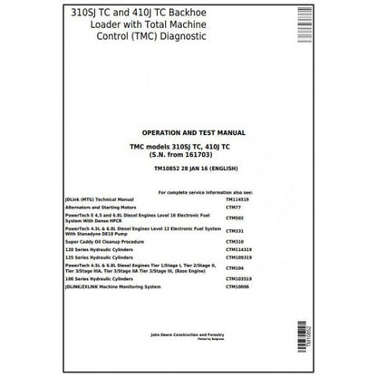 John Deere 310SJ TC, 410J TC Backhoe Loader Diagnostic, Operation and Tests Service Manual Pdf - TM10852