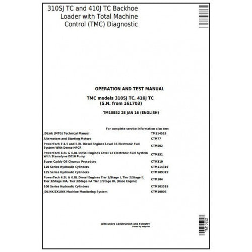 John Deere 310SJ TC, 410J TC Backhoe Loader Diagnostic, Operation and Tests Service Manual Pdf - TM10852