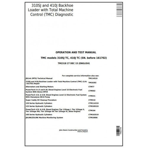 John Deere 310SJ TC, 410J TC Backhoe Loader Diagnostic, Operation and Tests Service Manual Pdf - TM2318