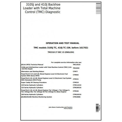 John Deere 310SJ TC, 410J TC Backhoe Loader Diagnostic, Operation and Tests Service Manual Pdf - TM2318