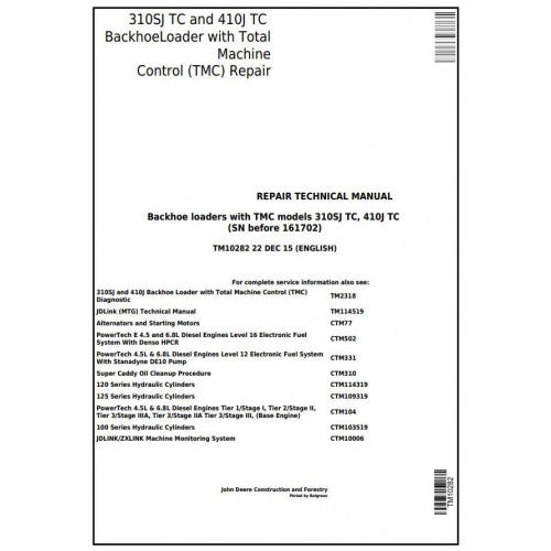 John Deere 310SJ TC, 410J TC Backhoe Loader Pdf Repair Service Technical Manual TM10282