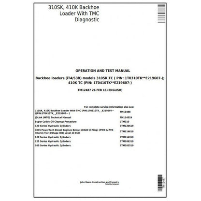 John Deere 310SK, 410K Backhoe Loader Diagnostic, Operation and Tests Service Manual Pdf - TM12487