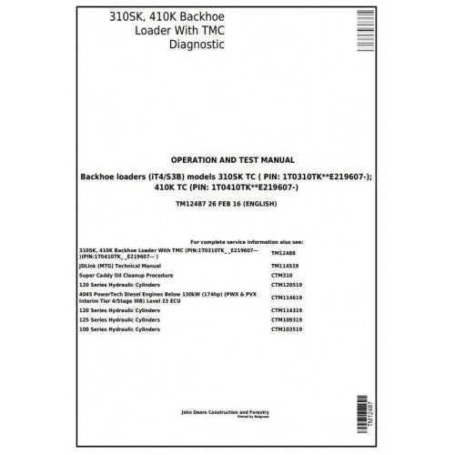 John Deere 310SK, 410K Backhoe Loader Diagnostic, Operation and Tests Service Manual Pdf - TM12487