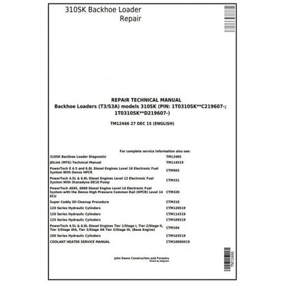 John Deere 310SK (T3/S3A) Backhoe Loader Pdf Repair Service Technical Manual TM12466