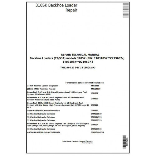 John Deere 310SK (T3/S3A) Backhoe Loader Service Repair Technical Manual TM12466 2