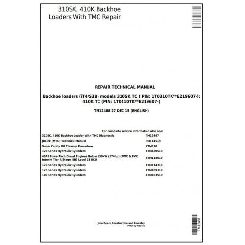 John Deere 310SK TC, 410K TC Backhoe Loaders Service Repair Technical Manual TM12488