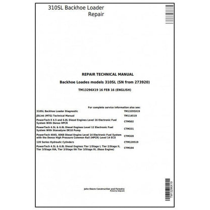 John Deere 310SL Backhoe Loader Pdf Repair Service Technical Manual TM13296X19