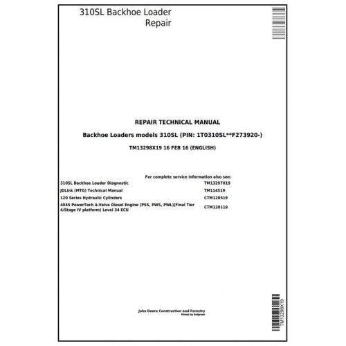 John Deere 310SL Backhoe Loader Pdf Repair Service Technical Manual TM13298X19