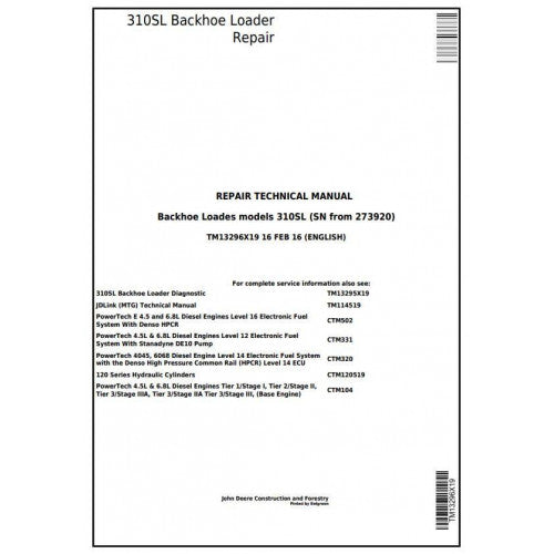 John Deere 310SL Backhoe Loader Service Repair Technical Manual TM13296X19