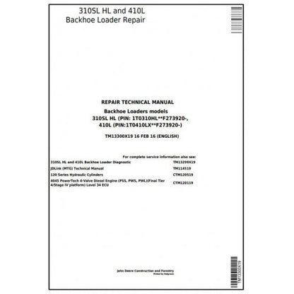 John Deere 310SL HL, 410L Backhoe Loader Pdf Repair Service Technical Manual TM13300X19