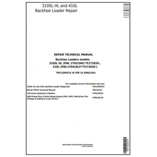 John Deere 310SL HL, 410L Backhoe Loader Service Repair Technical Manual TM13300X19