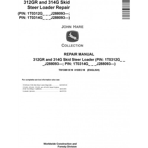 John Deere 312GR and 314G Skid Steer Loader Pdf Repair Service Technical Manual TM13851X19