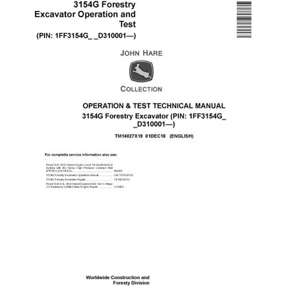 John Deere 3154G Forestry Excavator Diagnostic, Operation and Tests Technical Service Manual Pdf - TM14027X19 2