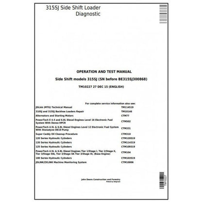 John Deere 315SJ Side Shift Loader Diagnostic, Operation and Tests Service Manual Pdf - TM10227