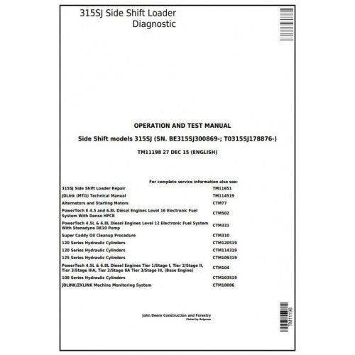 John Deere 315SJ Side Shift Loader Diagnostic, Operation and Tests Service Manual Pdf - TM11198