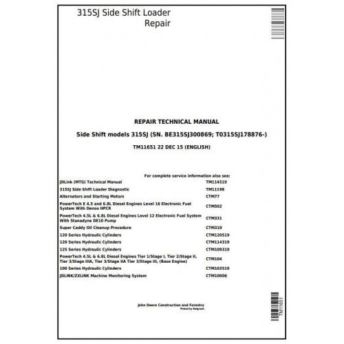 John Deere 315SJ Side Shift Loader Pdf Repair Service Technical Manual TM11651