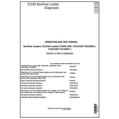 John Deere 315SK (T3/S3A) Backhoe Loader Diagnostic, Operation and Tests Service Manual Pdf - TM12471