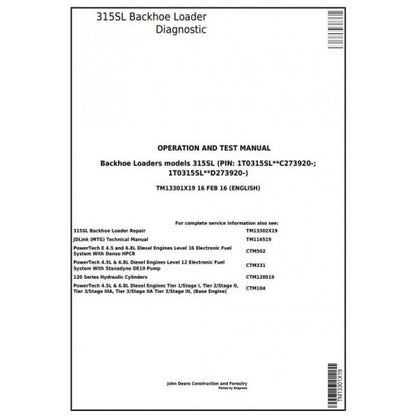 John Deere 315SL Backhoe Loader Diagnostic, Operation and Tests Service Manual Pdf - TM13301X19