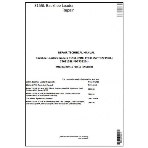 John Deere 315SL Backhoe Loader Pdf Repair Service Technical Manual TM13302X19