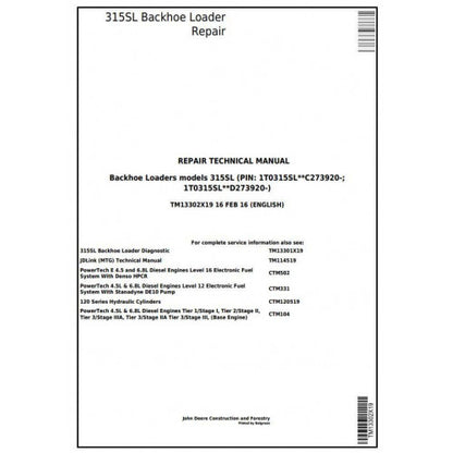 John Deere 315SL Backhoe Loader Service Repair Technical Manual TM13302X19 2