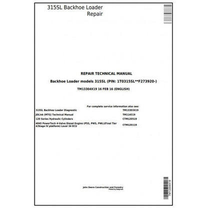 John Deere 315SL Backhoe Loader Service Repair Technical Manual TM13304X19 2