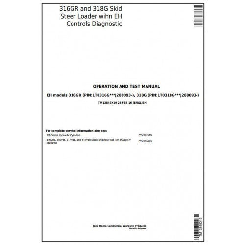 John Deere 316GR, 318G Skid Steer Loader Diagnostic, Operation and Tests Service Manual Pdf - TM13849X19