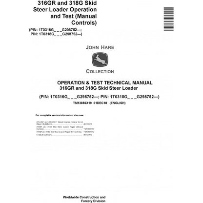 John Deere 316GR and 318G Skid Steer Loader Operation and Tests Technical Service Manual Pdf - TM13856X19 2