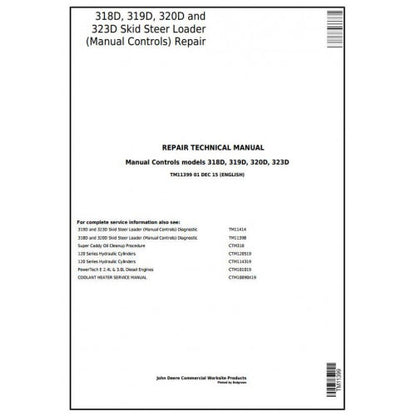 John Deere 318D, 319D, 320D, 323D Skid Steer Loader with Manual Controls Pdf Repair Service Technical Manual TM11399