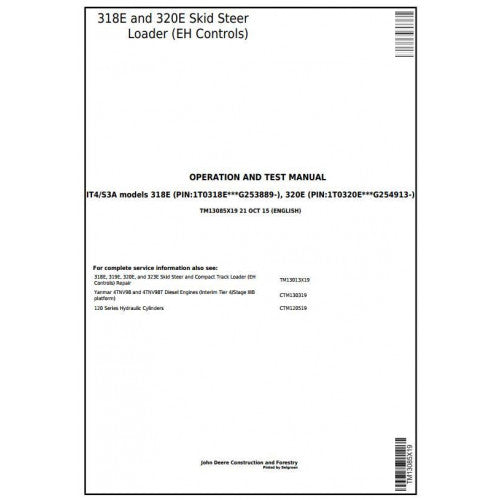 John Deere 318E, 320E Skid Steer Loader Diagnostic, Operation and Tests Service Manual Pdf - TM13085X19