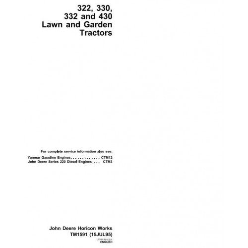 John Deere 322, 330, 332, 430 Lawn and Garden Tractors Pdf Repair Service Technical Manual TM1591