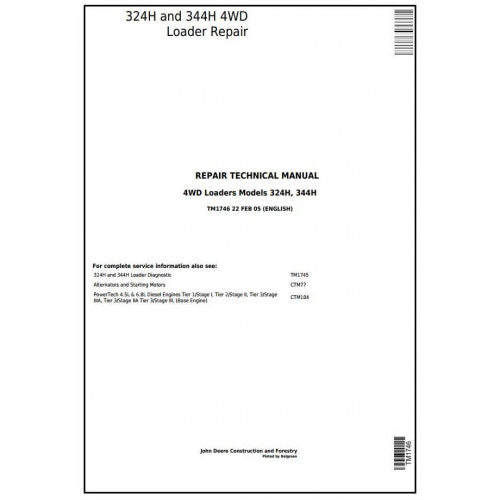 John Deere 324H And 344H 4WD Loader Service Repair Technical Manual Pdf TM1746