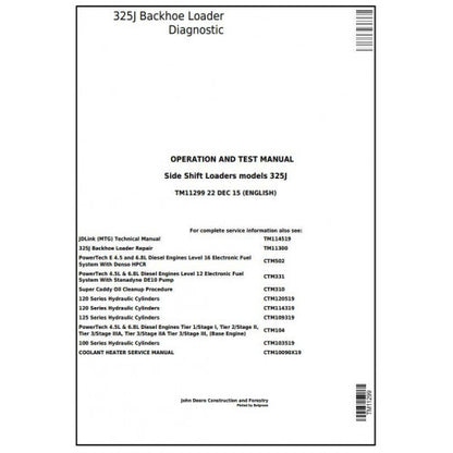 John Deere 325J Side Shift Loader Diagnostic, Operation and Tests Service Manual Pdf - TM11299