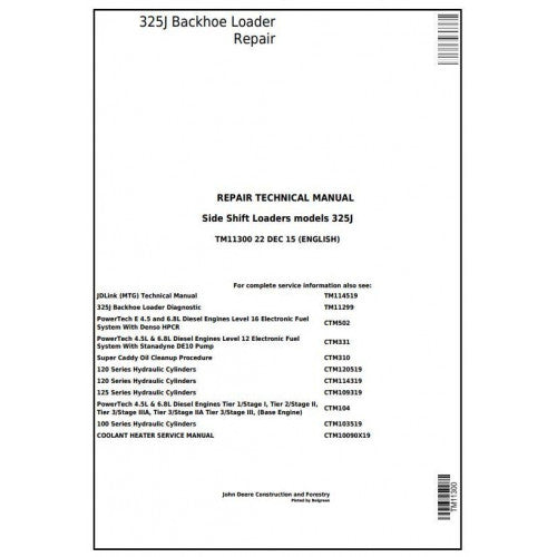 John Deere 325J Side Shift Loader Pdf Repair Service Technical Manual TM11300