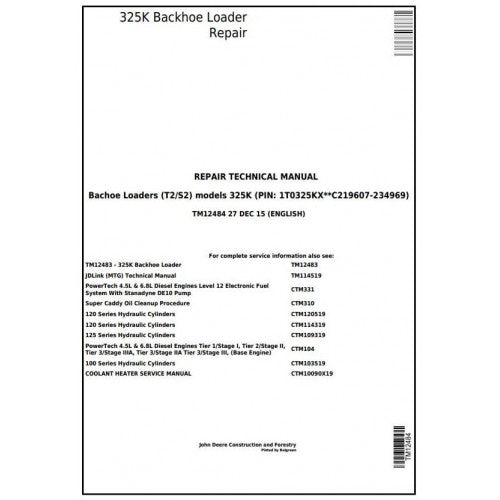 John Deere 325K (T2/S2) Backhoe Loader Pdf Repair Service Technical Manual TM12484