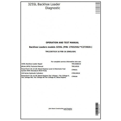 John Deere 325SL Backhoe Loader Diagnostic, Operation and Tests Service Manual Pdf - TM13307X19