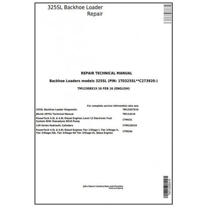 John Deere 325SL Backhoe Loader Pdf Repair Service Technical Manual TM13308X19