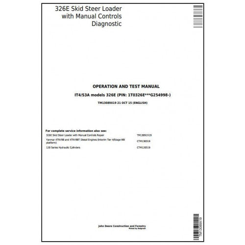 John Deere 326E Skid Steer Loader Diagnostic, Operation and Tests Service Manual Pdf - TM13089X19