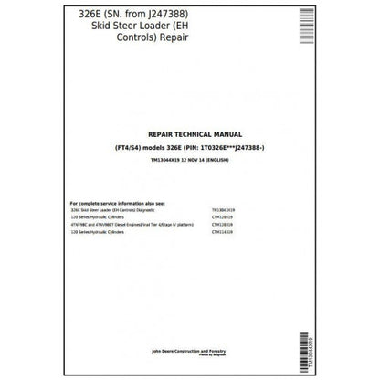 John Deere 326E Skid Steer Loader Pdf Repair Service Technical Manual TM13044X19